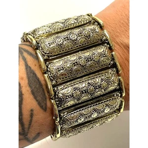 Vintage Elizabeth Morrey Signed Gold Tone Link Statement Bracelet 7" X 1.75" - Picture 1 of 11