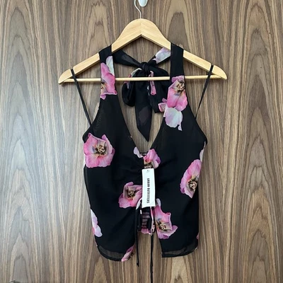 Silence + Noise Black Sheer Pink Floral Ruched Front Tie Halter Top M NEW £36 - Image 1 of 4