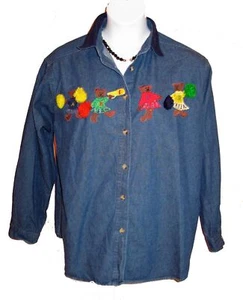 Jean Denim Shirt Blouse Top Size XL 14 16 CHEERLEADING BEARS Pom Poms Cheer  - Picture 1 of 8