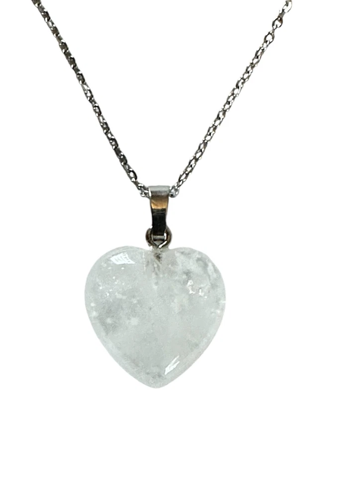 Collana argento in acciaio Inox ciondolo Cuore Pietre vere Quarzo Ialino - Immagine 1 di 4