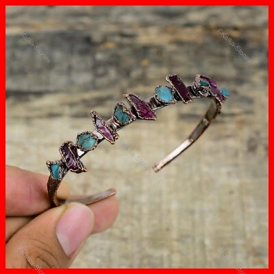 Brazalete redondo de cobre aguamarina piedras preciosas áspera aniversario electroformado hecho a mano Foto 1 de 4