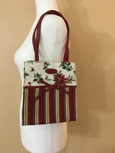 Longaberger Christmas Holiday Botanical Stripe Fabric Gift Bag Lunch Tote Bag - Picture 1 of 6