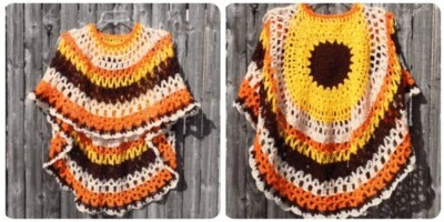 Sunflower Crochet Poncho Unbalanced Design Asymmetric Round Printed Pattern - Image 1 of 4