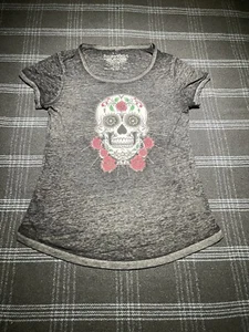 Rockergirl Juniors Size L (11/13) Tshirt Sugar Skull Gray Colorful - Picture 1 of 9