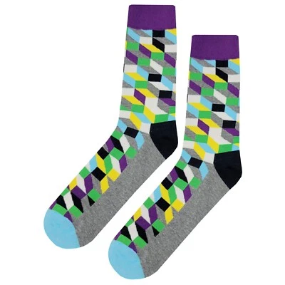 NWT Purple Yellow Diamond Dress Socks Novelty Men 8-12 Crazy Fun Sockfly - Image 1 of 4