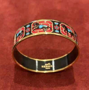 Hermes Wide Gold Plated Red Enamel Equestrian Horse Bangle Bracelet Retired - Picture 1 of 7