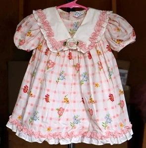 Vintage 90s Girls Size 24m Frilly Floral Dress Pink Gingham Collar Puff Sleeves - Picture 1 of 4