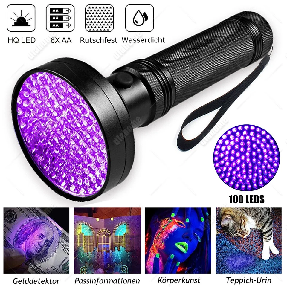 UV 100LED Lampe Taschenlampe Schwarzlicht Taschenlicht 395nm Bernstein Handlampe - Bild 1 von 4