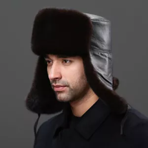 Men's Real Mink Fur Hat Cap Headgear For Middle age Real sheepskin Leather Hat - Picture 1 of 16