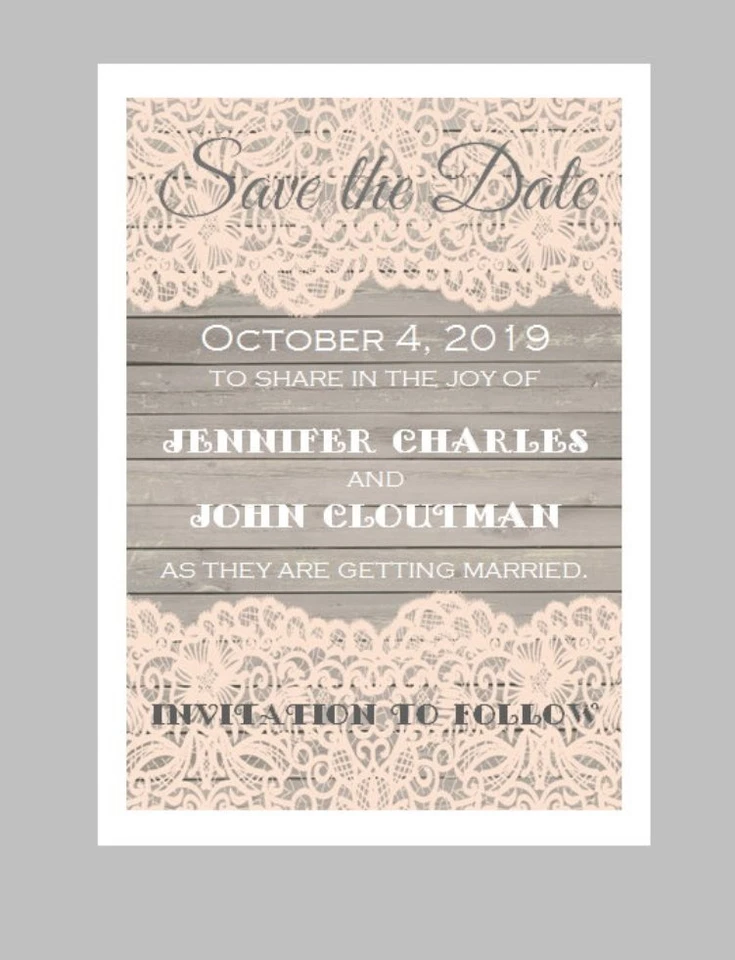 50 tarjetas personalizadas de encaje coralino de madera vintage para guardar la fecha de boda  Foto 1 de 1