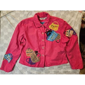 VTG Anage Embellished Jacket Novelty Applique Pink Cotton Button Up Coat Large - Picture 1 of 10