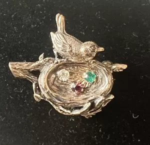 De colección Firmado Sterling Anson Tallado Nido de Pájaro con Broche de Estrás Multicolor - Imagen 1 de 7