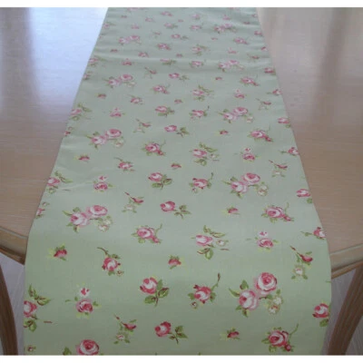 120cm Table Runner 4ft Pink Rosebuds Roses 48" Floral Cotton Sage Green - Image 1 of 3