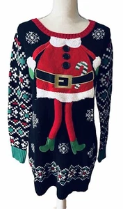 Ugly Christmas Sweater Mrs. Claus Elf Dangly Legs Tunic Mini Dress Womens Medium - Picture 1 of 11