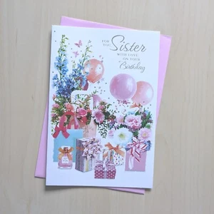 Sister Birthday Card Balloons Flowers Ladies Women Her Adult - 7.5"x5.25" - Picture 1 of 3