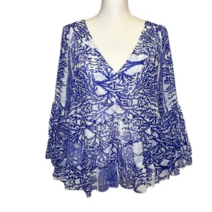 Antica Sartoria Tunic Top Womens One Size Boho Sheer Bell Sleeve Blouse Coastal - Picture 1 of 13