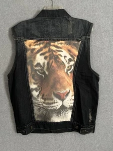 Chaleco M. Society Hombres Talla Lg Denim Chaleco Motociclista Reciclado Cabeza de León Boho Envejecido - Imagen 1 de 13