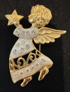 Vintage Glam Engel Anstecknadel mit Stern funkelnd AB Glitzer Emaille & Strass Brosche - Bild 1 von 2