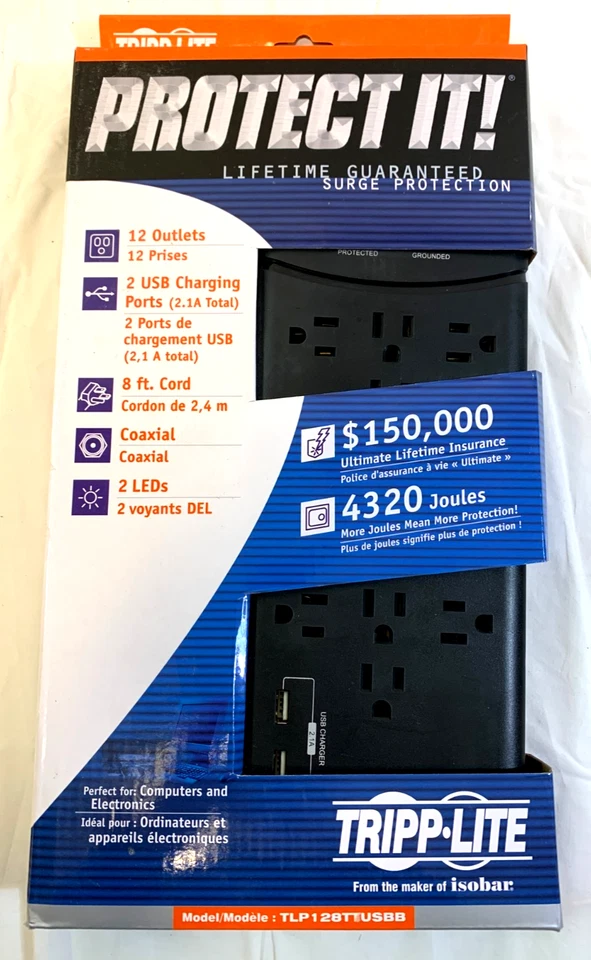 TRIP LITE Surge Power Strip 12 Outlets, 2 USB Charging Ports Tel/Modem/Coax - Image 1 of 4