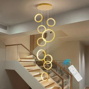 Stair Chandelier Lighting Gold Pendant Light Shop Ceiling Lamp 9 Rings Dimmable - Picture 1 of 10