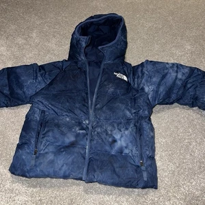 North Face Puffer Jacket 600 Down Full Zip Coat - Blue Boys Sz S 7/8 -Reversible - Picture 1 of 12