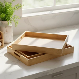 Bamboo Set of 3 Rectangular Serving Tray Wood Breakfast Food Drinks Wooden Trays - Picture 1 of 10
