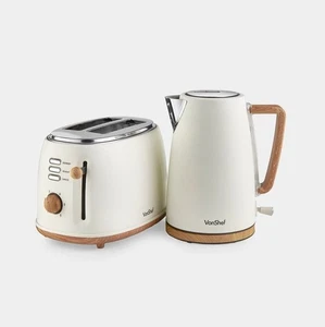 VonShef Fika Hervidor de agua de crema y madera y juego de tostadora de 2 rebanadas - Imagen 1 de 9