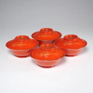 (4) Vintage japanische lackierte orange bedeckte Holzschalen mit Golddetail, 6 Zoll - Bild 1 von 8