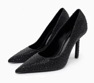 Zara schwarze hochhackige Kristall-Pumps Damengröße US 8 spitz zulaufend 3,5 Zoll neu - Bild 1 von 13