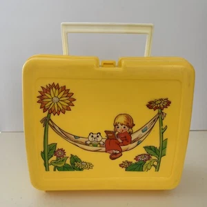 Vintage Yellow Plastic Lunch Box Girl Sunflowers 1980s Anime Style Taiwan - Picture 1 of 7