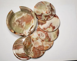 4" Runde Gebänderte Onyx Getränk Untersetzer 6er Set mit Halter - Bild 1 von 2