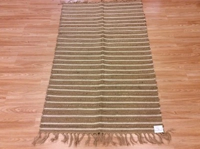 Striped Recycled Cotton Jute Handmade Cream Beige Washable ECO Rug Durries -40% - Image 1 of 4