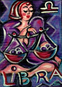 JACQUELINE DITT - Libra Waage Miniatur Gemälde 1991 Sternzeichen Bilder art - Bild 1 von 2