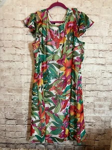 Nine West Dress Womens 16 Colorful Tropical Jungle Floral Ruffle Cold Shoulder - Picture 1 of 18