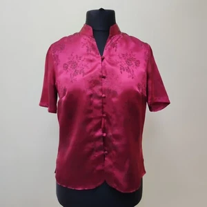Marks and Spencer red Oriental Blouse Shirt size 12 Short Sleeved Silky vintage - Picture 1 of 13
