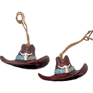 Vintage Pair of Cowboy Hat Christmas Ornaments Longhorn Skulls Hillbilly 3" - Picture 1 of 8
