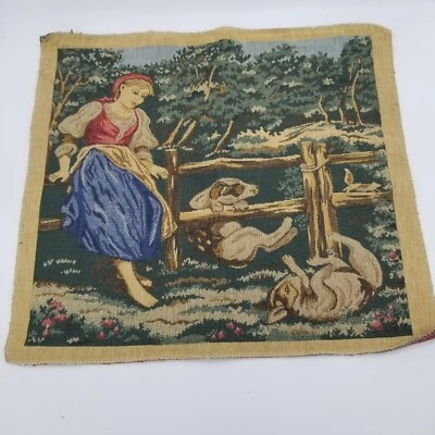 Tapiz de escena de campo niña sentada en la cerca animales de granja 17-1/2" X 15-1/2" Foto 1 de 4