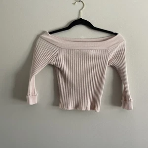 Topshop Women 4 Pink Ribbed 3/4 Sleeves Off The Shoulder Crop Top - Picture 1 of 9