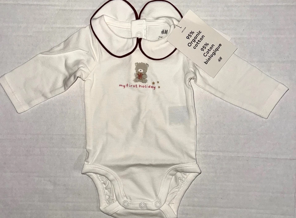 H&M Manga Larga Creeper Crema/Rojo HOLIDAY Motivo Talla Prematuro-1 Mes Foto 1 de 1