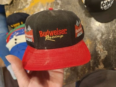 Vintage 80s Budweiser Racing Spell Out All Over Print Snapback Hat Cap Black USA - Image 1 of 2