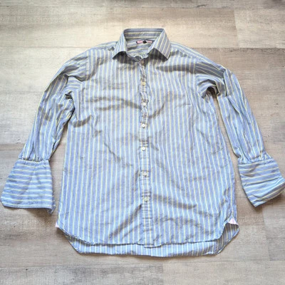 Camisa de vestir Thomas rosa para hombre mediana M 15,5 azul amarillo a rayas manga larga Foto 1 de 4