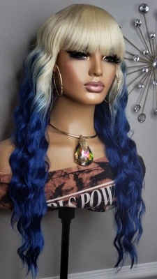 NEW Long Wig Blue 613 Blonde Ombre Wavy Bangs Style Human Hair Blend Full Cap - Image 1 of 4