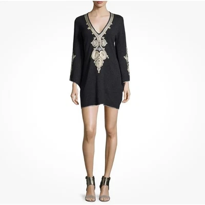 Calypso St. Barth Gray Metallic Ribbon Embroidered Cashmere Bell Sleeve Dress XS - Image 1 of 4