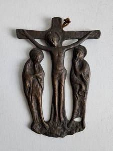 Antik Metall Bronze Kruzifix Kreuz Skulptur Relief Wandikone Religiöse Kunst - Bild 1 von 3
