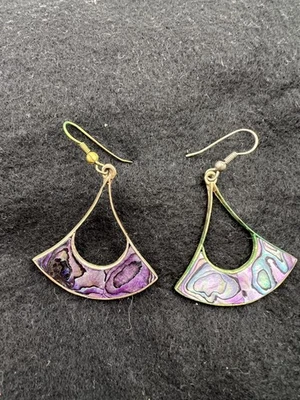 Vintage Abalone Inlay Dangle Earrings Sterling Silver 925 Signed Mexican Fan - Image 1 of 4