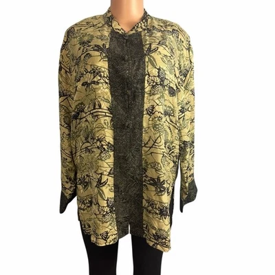 Jaqueta Vintage Chico's Design Estilo Asiático Verde Seda Padrão Floral e Folha  - Imagem 1 de 4