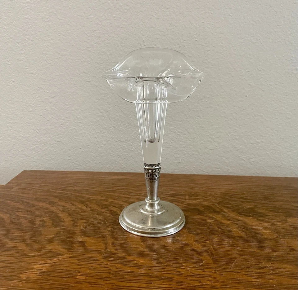 Jarrón trompeta antiguo victoriano Wallace & Sons placa de plata Epergne vidrio grabado  Foto 1 de 4