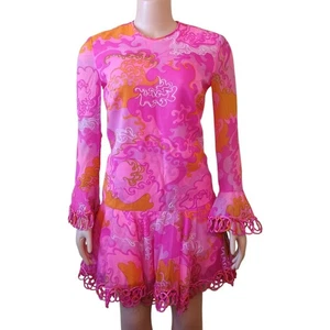 Vintage 1960's Lee Jordan Pink Swirl Groovy Long Sleeve Dress Small - Picture 1 of 13