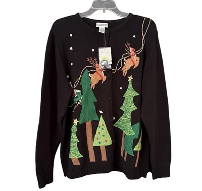 NEW Christmas Cardigan Sweater Sz XL Black Santa Reindeer Christmas Trees - Image 1 of 4