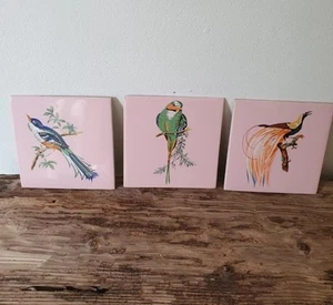 Polycell. Vintage. Birds Of Paradise themed Ceramic Tiles. Set of 3. Pink. - Picture 1 of 1